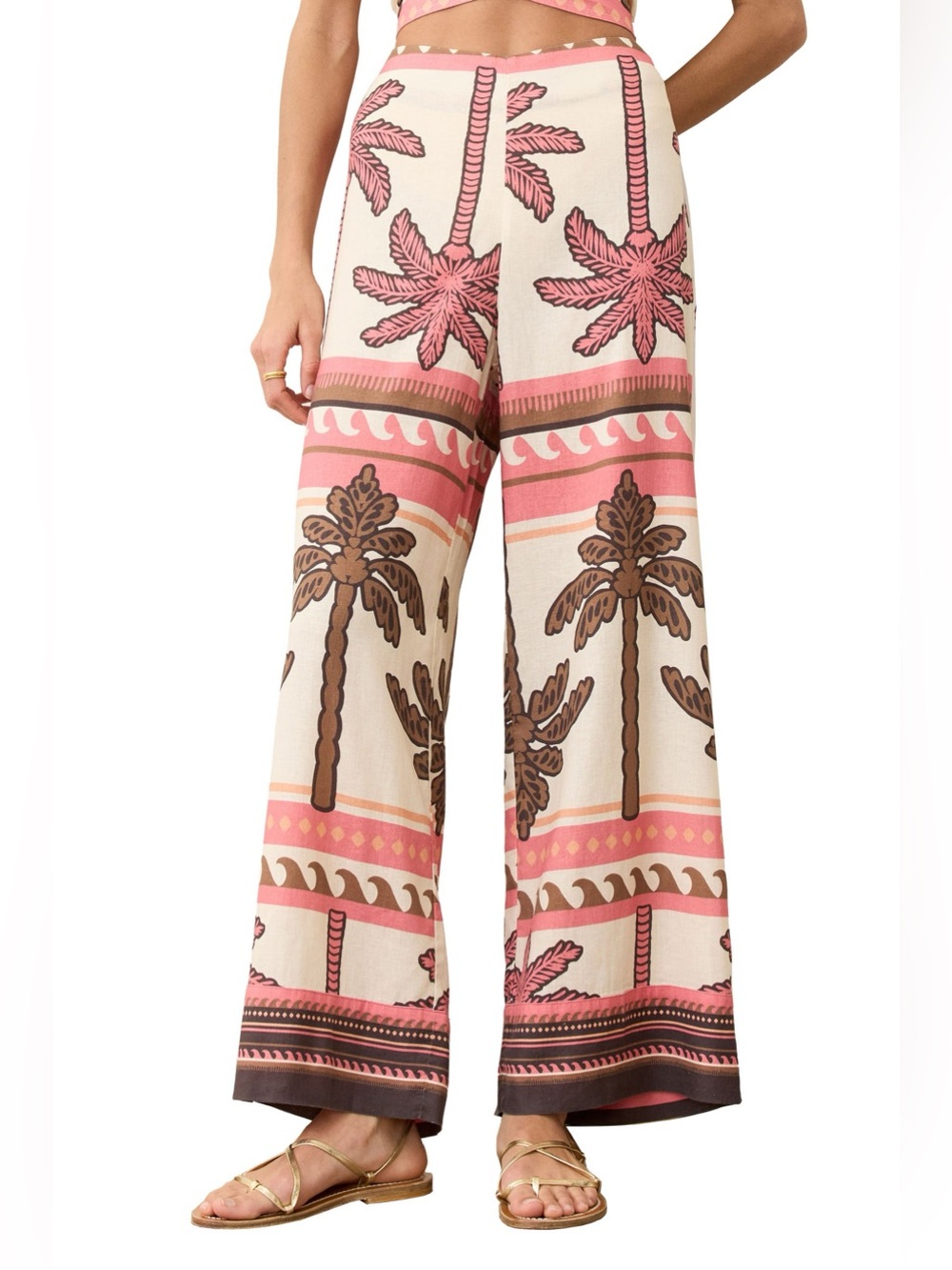 Marine Layer Wide-Leg Palm Print Pants in Pink, Brown & Cream